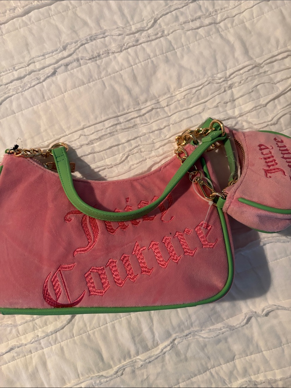 Juicy Couture Pink Shoulder Bag with Green Trim & Gold Hardware